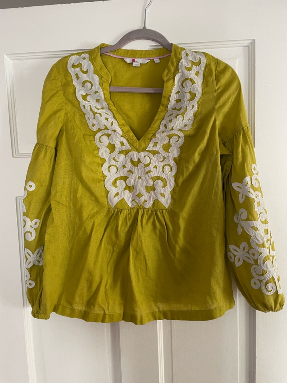 Biden Embroidered V-Neck Peasant Top in chartreuse